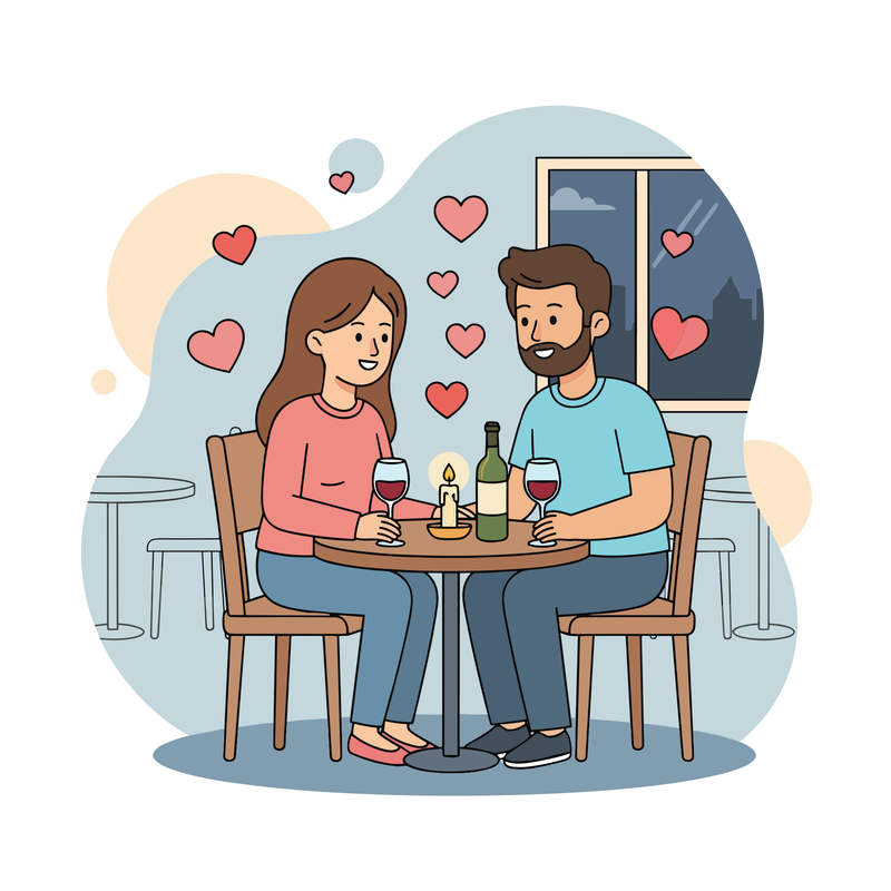 romantic dinner, valentine's day, couple dining, intimate moment, love illustration, flat design, romantic date, candlelight dinner, love and affection, romantic scene, dinner date, couple bonding, valentine's celebration, cozy atmosphere, ai generated